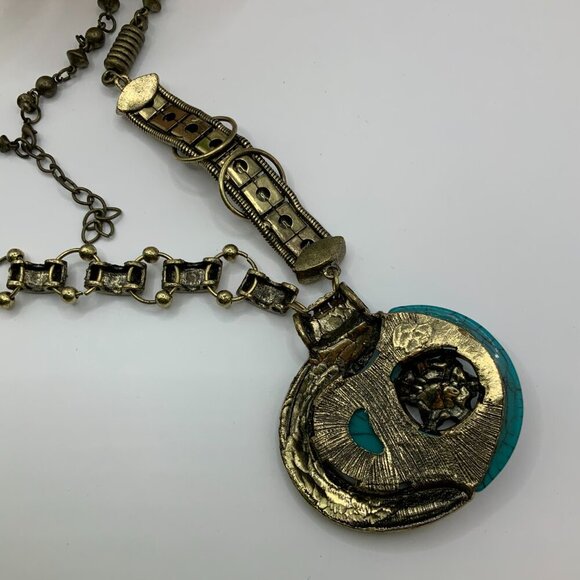 Retro Artisan Style Oversized Faux Turquoise Pendant Mixed Metals Boho Necklace - Picture 4 of 9